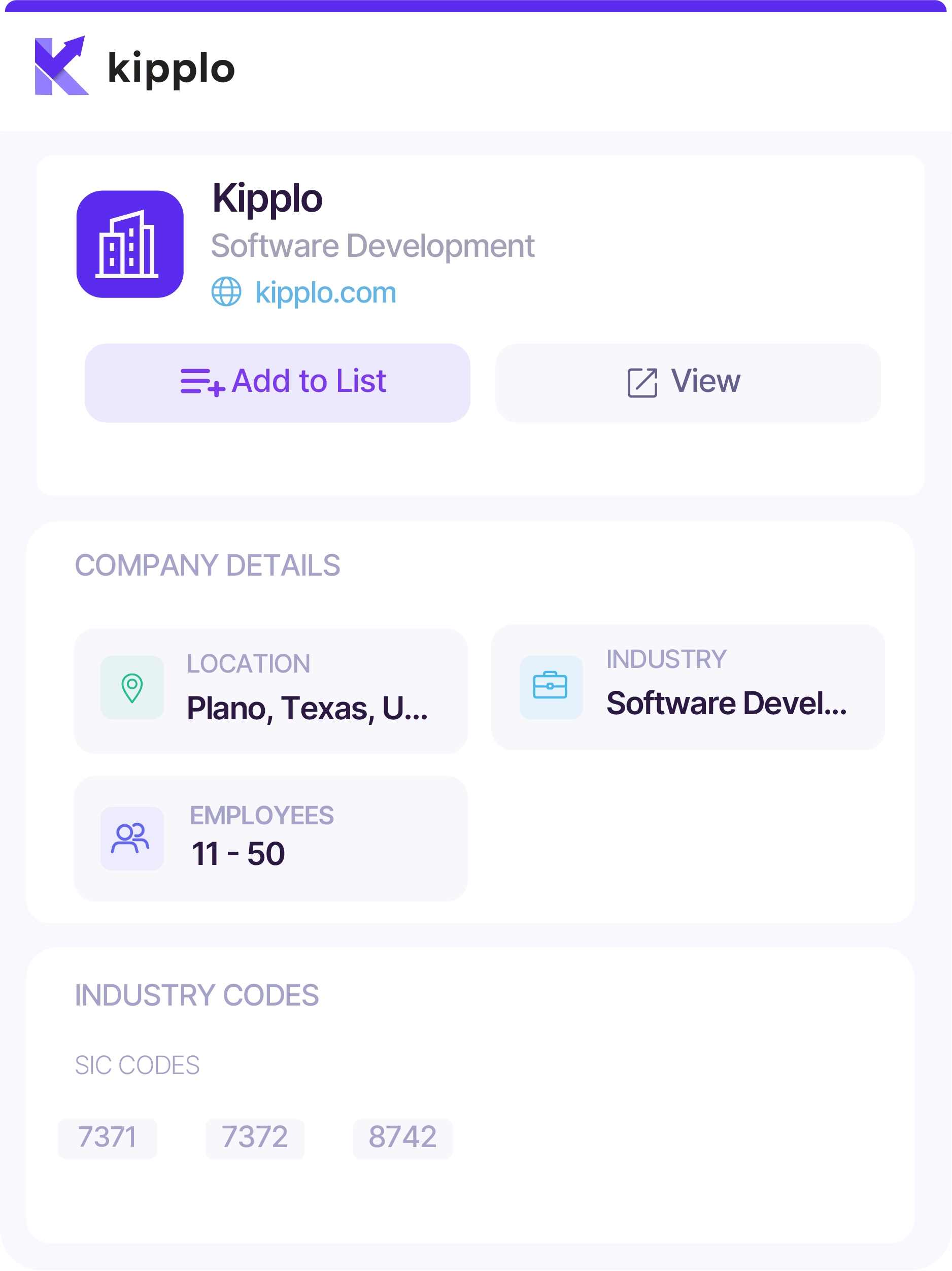 Kipplo Chrome extension company sidebar showing location, industry, tech stack