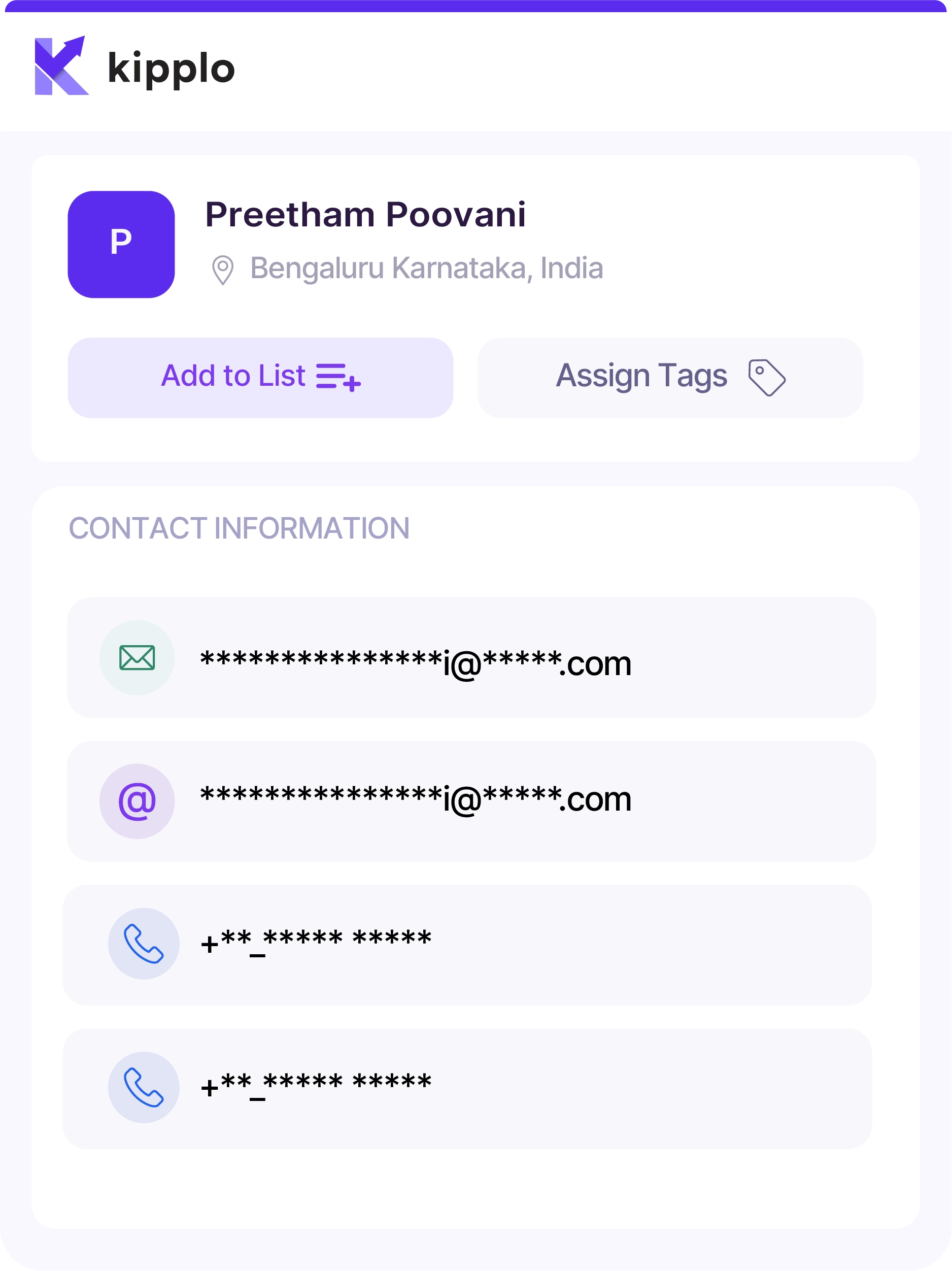 Kipplo Chrome extension showing revealed verified emails and phone numbers