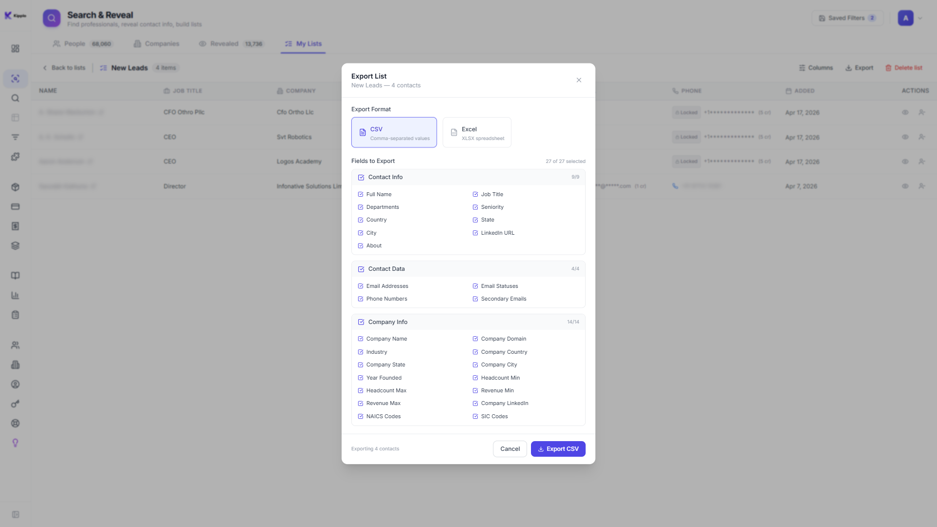 Export dialog with contact, email, and company fields for CSV download in Kipplo